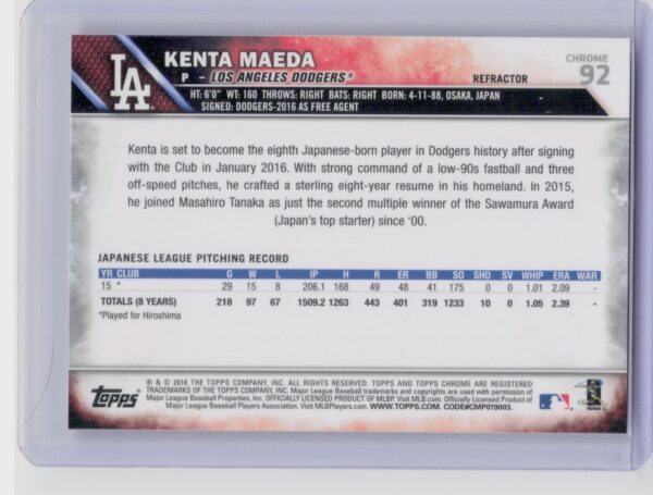 2016 Topps Chrome Kenta Maeda RC #92 Dodgers - Image 3