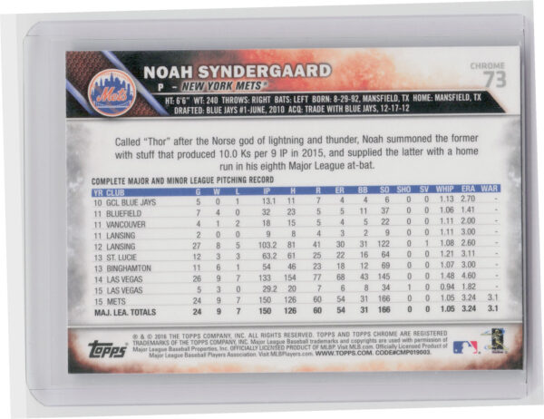 2016 Topps Chrome Noah Syndergaard #73 Mets - Image 3