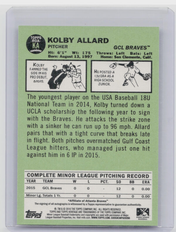 2016 Topps Heritage Minor League Kolby Allard AU #ROA-KA Braves Real One Autogra - Image 3