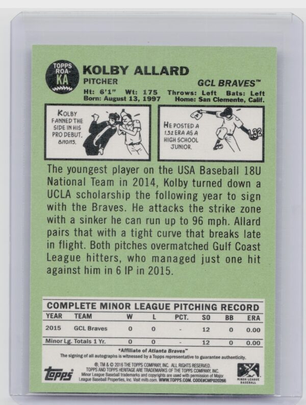 2016 Topps Heritage Minor League Kolby Allard AU #ROA-KA Braves Real One Autogra - Image 3