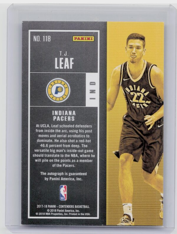 2017-18 Panini Contenders T.J. Leaf Playoff Ticket AU SN65 #118 Pacers - Image 3