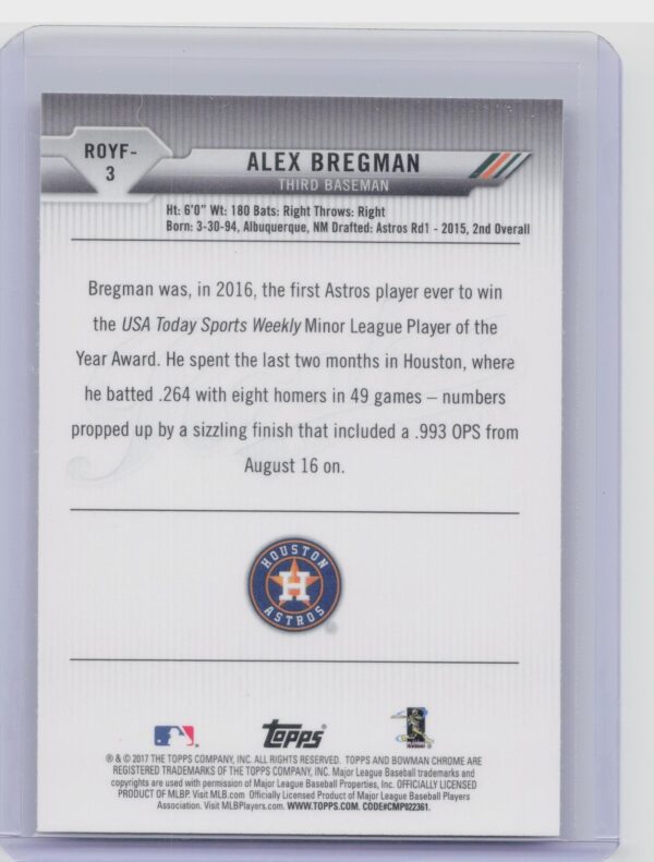2017 Bowman Alex Bregman #ROYF-3 Astros Rookie of the Year Favorites - Image 3