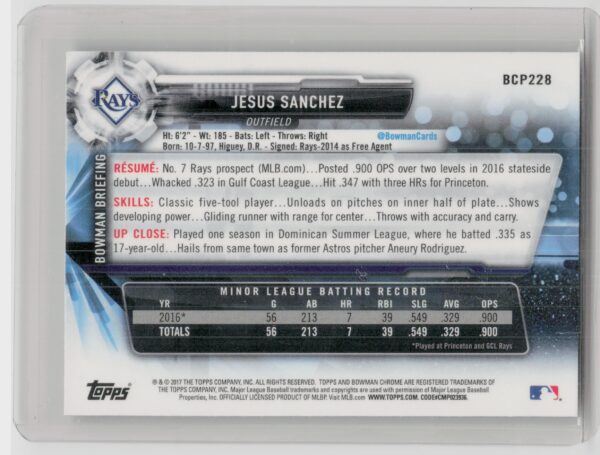 2017 Bowman Chrome Jesus Sanchez #BCP228 Rays Prospects - Image 3