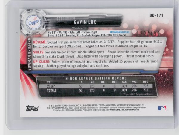 2017 Bowman Draft Gavin Lux Silver SN499 #BD-171 Dodgers - Image 3