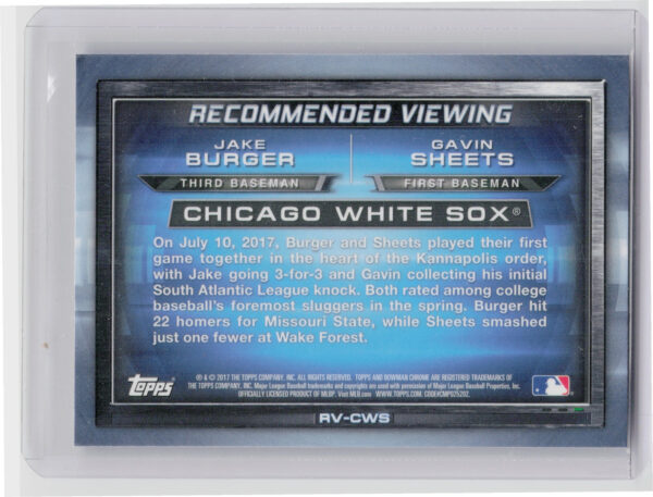 2017 Bowman Draft Jake Burger / Gavin Sheets #RV-CWS Sox Recommended Viewing - Image 3