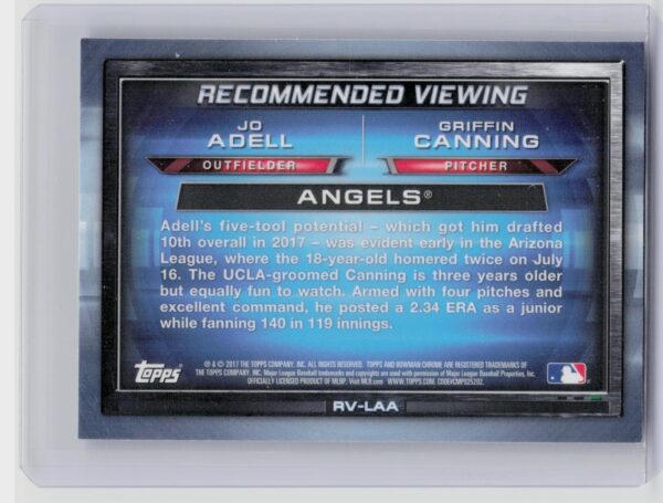2017 Bowman Draft Jo Adell / Griffin Canning /5 #RV-LAA Angels Recommended View - Image 3