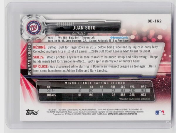 2017 Bowman Draft Juan Soto #BD-162 Nationals - Image 3