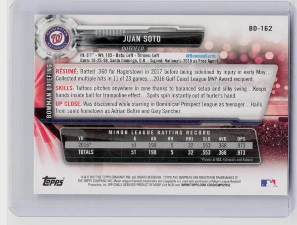 2017 Bowman Draft Juan Soto #BD-162 Nationals - Image 3