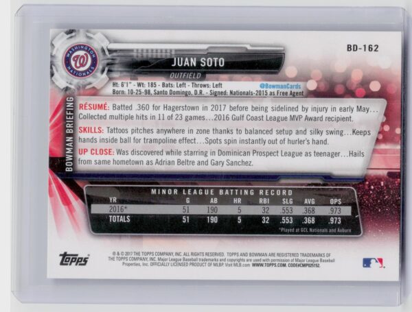 2017 Bowman Draft Juan Soto #BD-162 Nationals - Image 3