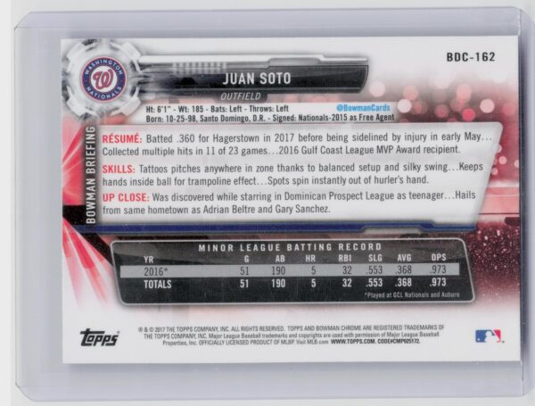 2017 Bowman Draft Juan Soto Chrome #BDC-162 Nationals - Image 3