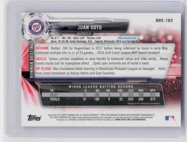 2017 Bowman Draft Juan Soto Chrome #BDC-162 Nationals - Image 3