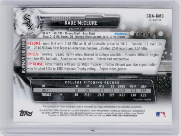 2017 Bowman Draft Kade McClure AU SN499 #CDA-KMC Sox Chrome Draft Pick Autograph - Image 3