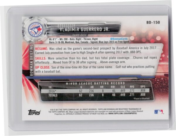 2017 Bowman Draft Vladimir Guerrero Jr. #BD-150 Jays - Image 3