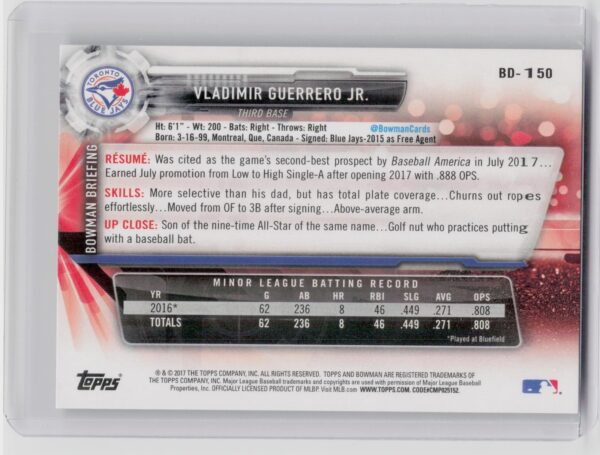 2017 Bowman Draft Vladimir Guerrero Jr. #BD-150 Jays - Image 3
