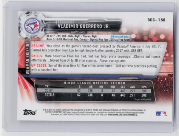 2017 Bowman Draft Vladimir Guerrero Jr. Chrome #BDC-150 Jays - Image 3