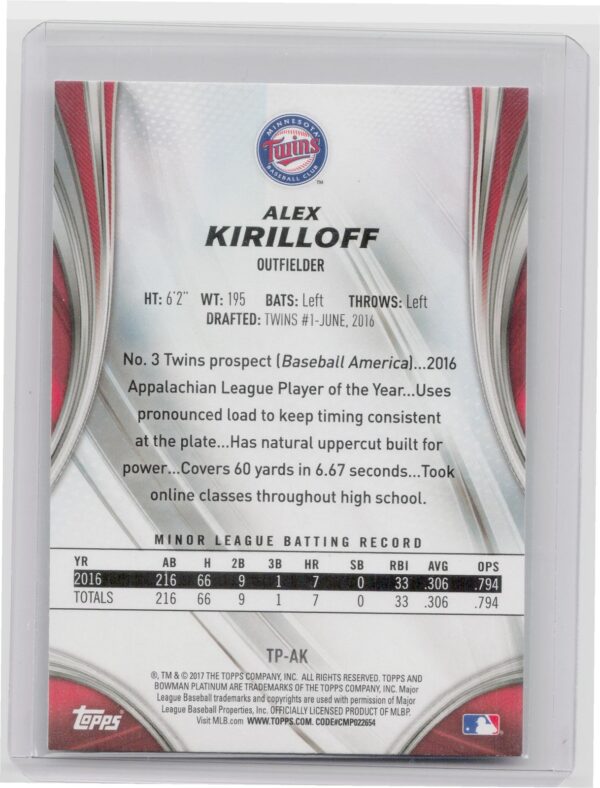 2017 Bowman Platinum Alex Kirilloff #TP-AK Twins Top Prospects Ice - Image 3