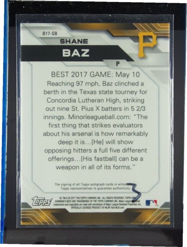 2017 Bowman's Best Shane Baz AU #B17-SB Pirates Best of 2017 Autographs - Image 3