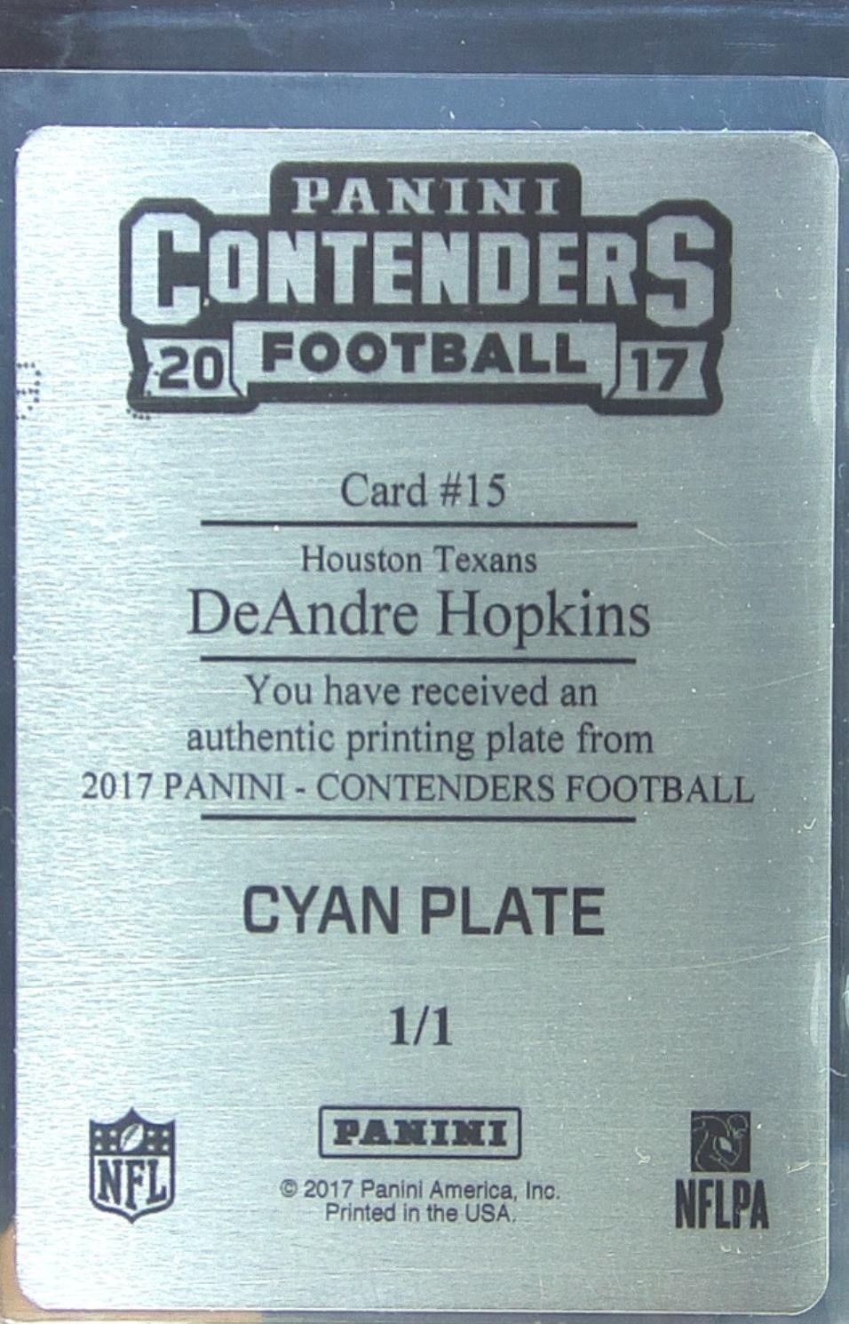 2017 Contenders DeAndre Hopkins Printing Plate Cyan 1/1 #15 Texans - Image 3