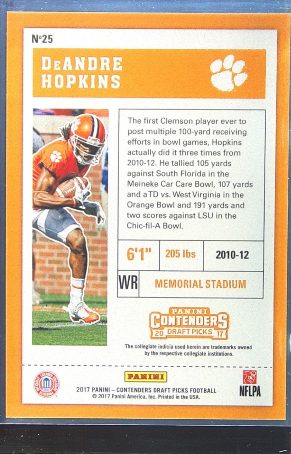 2017 Contenders Draft Picks DeAndre Hopkins Bowl Ticket /99 #25 Tigers - Image 3