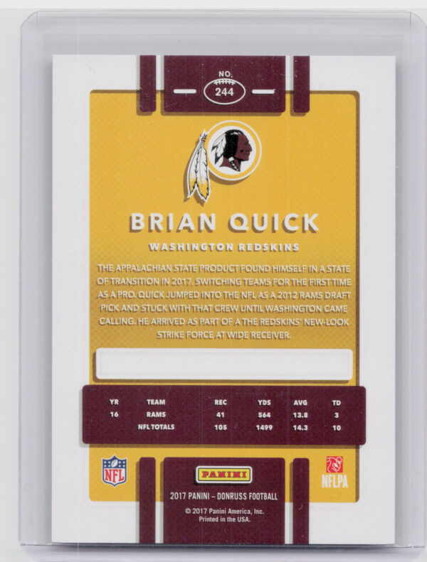 2017 Donruss Brian Quick Press Proof Black SN10 #244 Redskins - Image 3