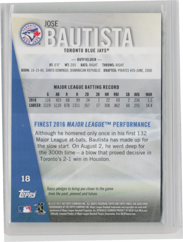 2017 Finest Jose Bautista Gold Refractor SN50 #18 Jays - Image 3