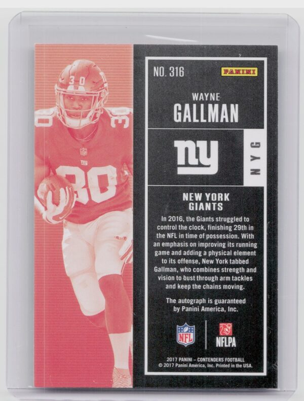 2017 Panini Contenders Wayne Gallman AU RC #316 Giants - Image 3