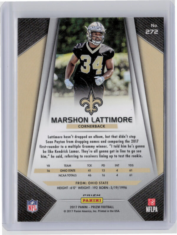 2017 Panini Prizm Marshon Lattimore Prizm #272 Saints - Image 3