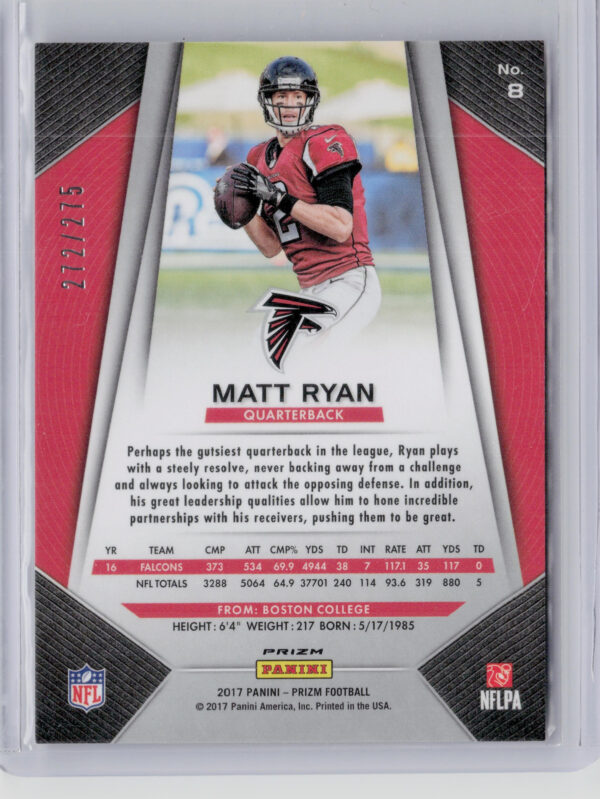 2017 Panini Prizm Matt Ryan Prizm Orange SN275 #8 Falcons - Image 3