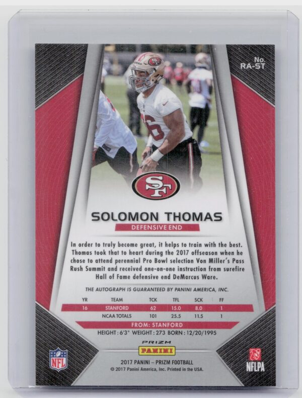2017 Panini Prizm Solomon Thomas AU #RA-ST 49ers Rookie Autographs Prizm - Image 3