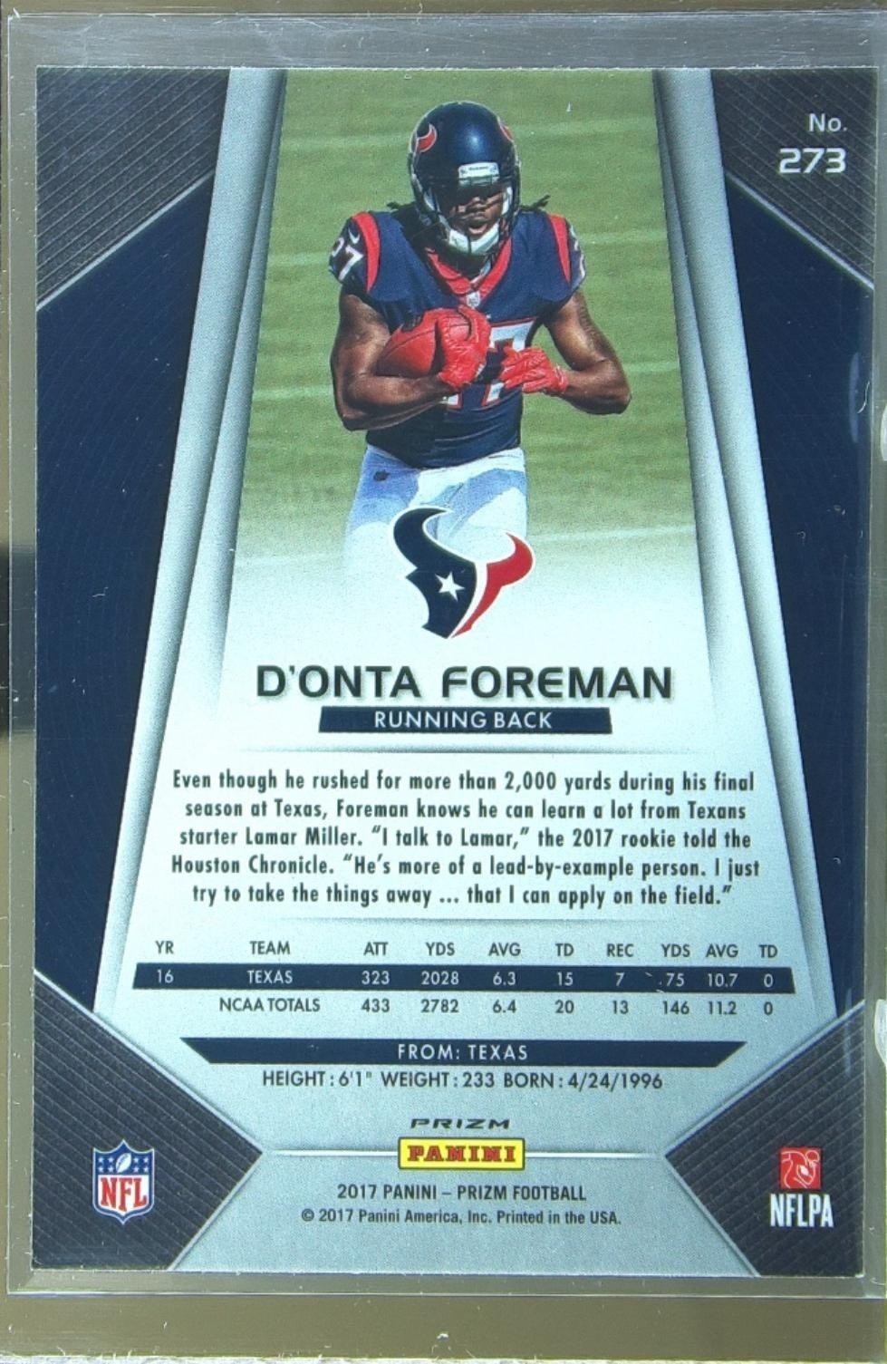 2017 Prizm D'Onta Foreman Prizm RC #273 Texans - Image 3
