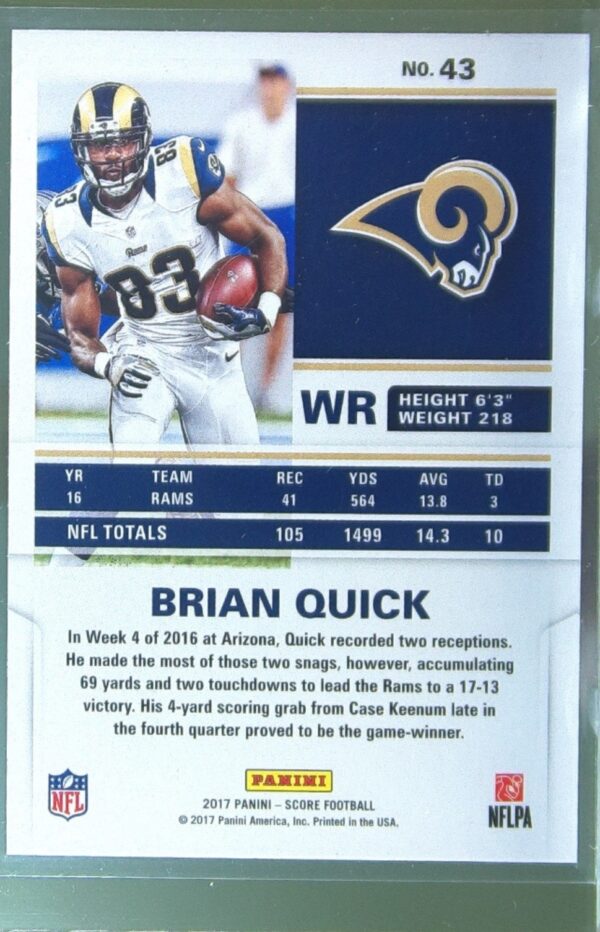 2017 Score Brian Quick Gold Zone /50 #43 Rams - Image 3