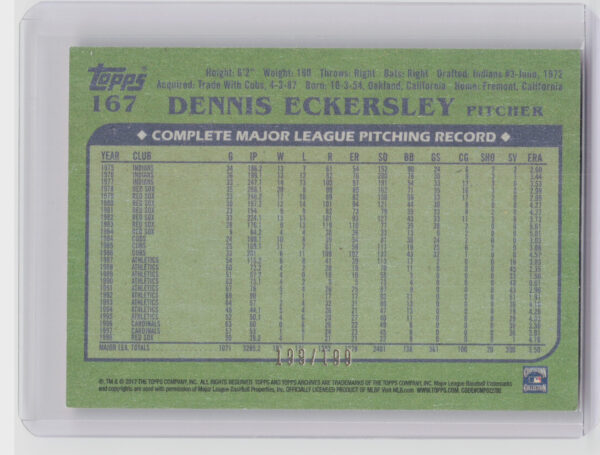 2017 Topps Archives Dennis Eckersley Peach SN199 #167 Athletics - Image 3