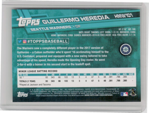 2017 Topps Holiday Guillermo Heredia RC #HMW101 Mariners - Image 3