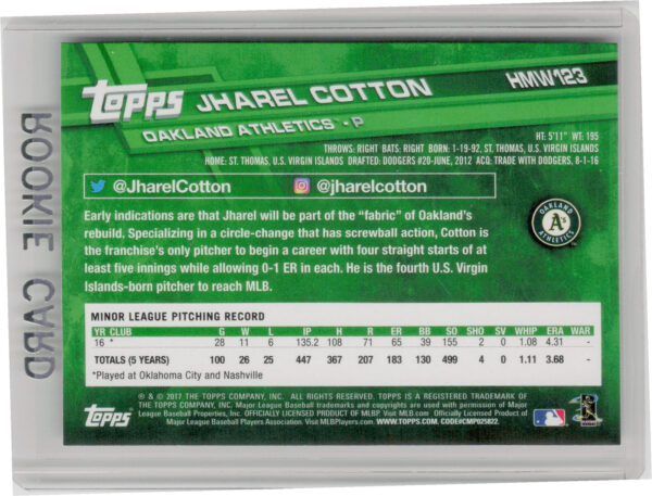 2017 Topps Holiday Jharel Cotton RC #HMW123 Athletics - Image 3