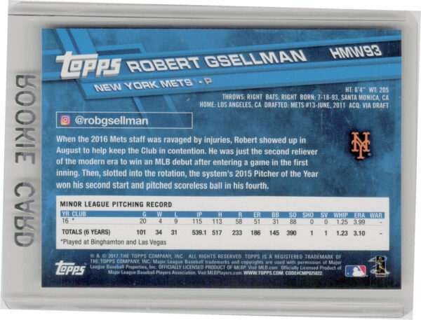 2017 Topps Holiday Robert Gsellman RC #HMW93 Mets - Image 3