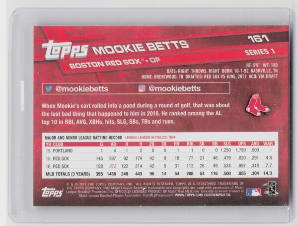 2017 Topps Mookie Betts #161 Red Sox - Image 3
