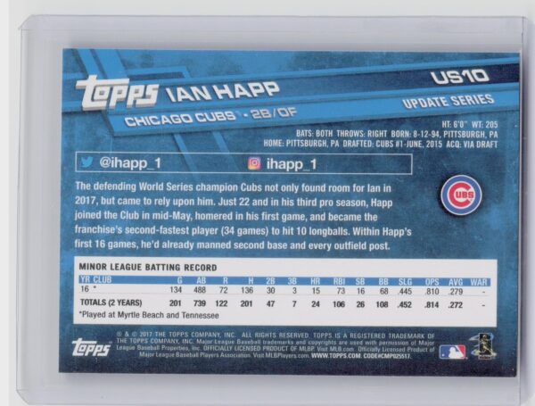 2017 Topps Update Ian Happ RC #US10 Cubs - Image 3