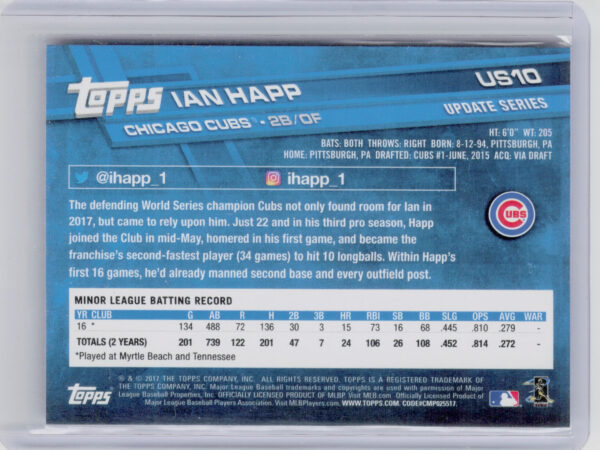 2017 Topps Update Ian Happ RC #US10 Cubs - Image 3
