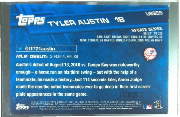2017 Topps Update Tyler Austin Gold /2017 RC #US259 Yankees - Image 3