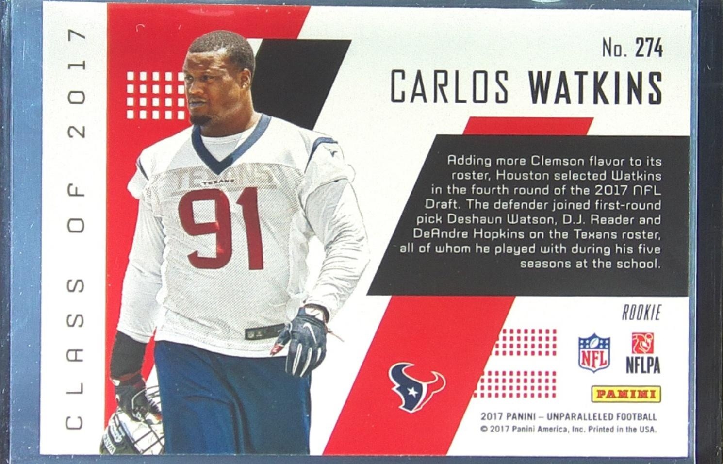 2017 Unparalleled Carlos Watkins RC #274 Texans - Image 3