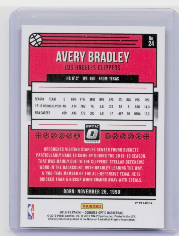 2018-19 Donruss Optic Avery Bradley Holo #24 Clippers - Image 3