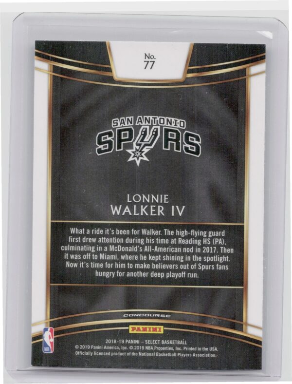 2018-19 Panini Select Lonnie Walker IV RC #77 Spurs - Image 3