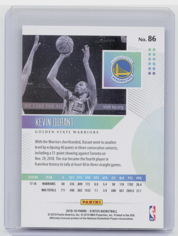 2018-19 Panini Status Kevin Durant #86 Warriors - Image 3