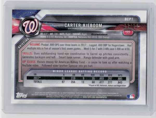 2018 Bowman Carter Kieboom SN50 #BCP7 Nationals Chrome Prospects Mojo Refractor - Image 3