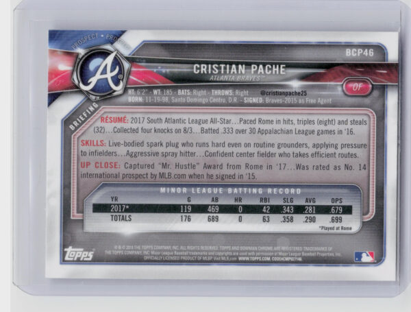 2018 Bowman Cristian Pache #BCP46 Braves Chrome Prospects - Image 3