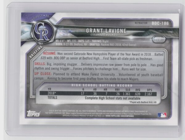 2018 Bowman Draft Grant Lavigne Chrome Refractors #BDC-186 Rockies - Image 3