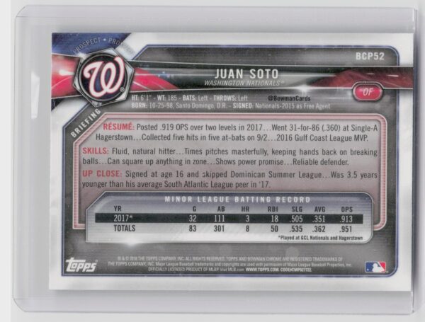 2018 Bowman Juan Soto #BCP52 Nationals Chrome Prospects - Image 3