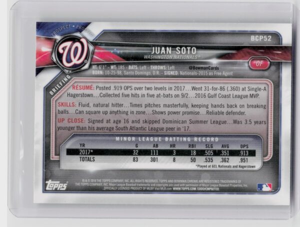 2018 Bowman Juan Soto #BCP52 Nationals Chrome Prospects Mojo Refractor - Image 3
