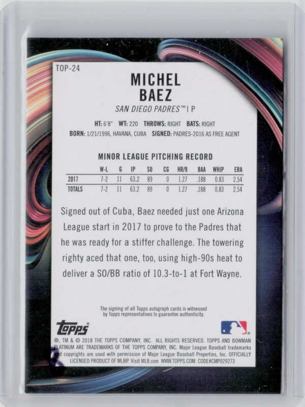 2018 Bowman Platinum Michel Baez AU SN50 #TOP-24 Padres Top Prospects Autographs - Image 3