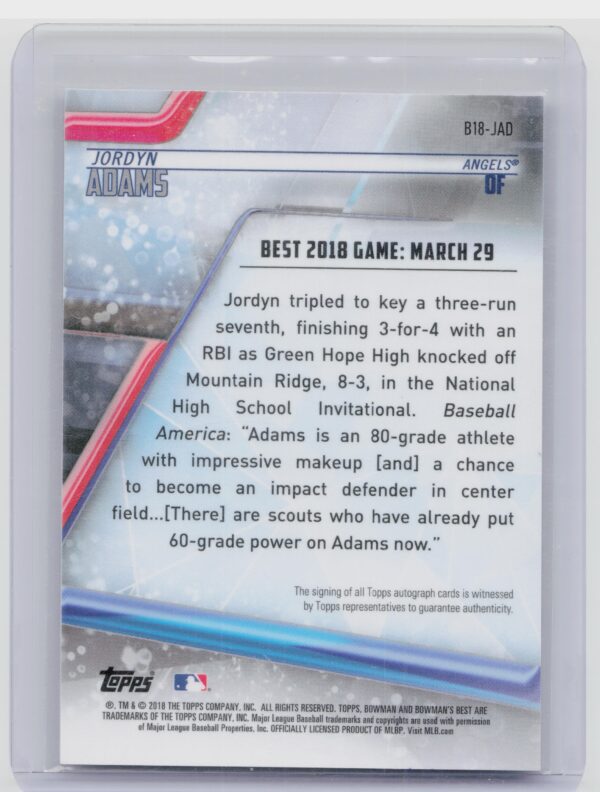2018 Bowman's Best Jordyn Adams AU #B18-JAD Angels Best of 2018 Autographs - Image 3